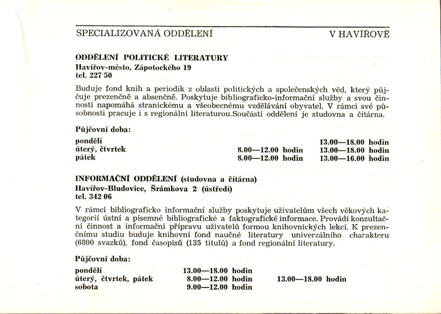 Přehled poboček havířovské knihovny, 1986