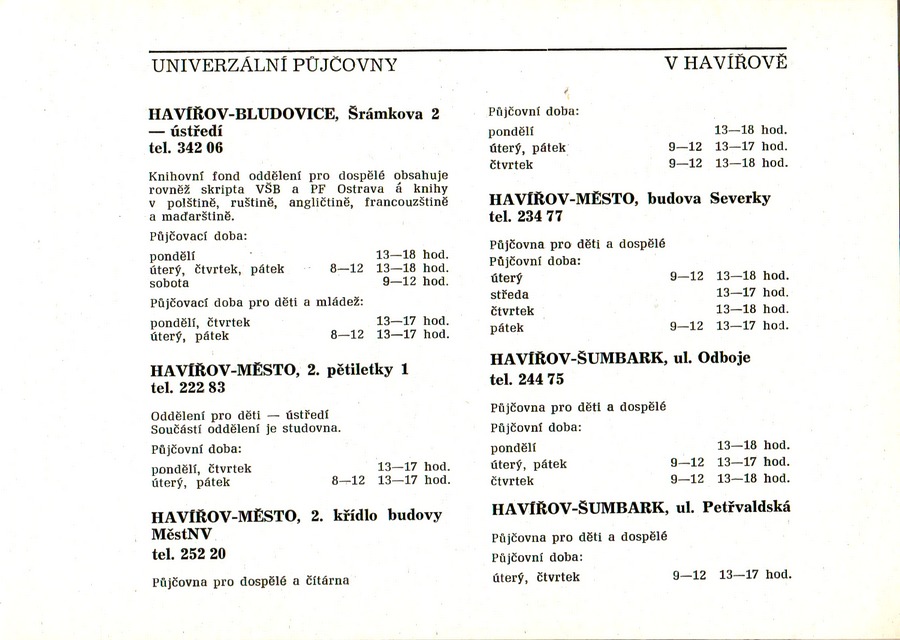 Přehled poboček havířovské knihovny, 1986